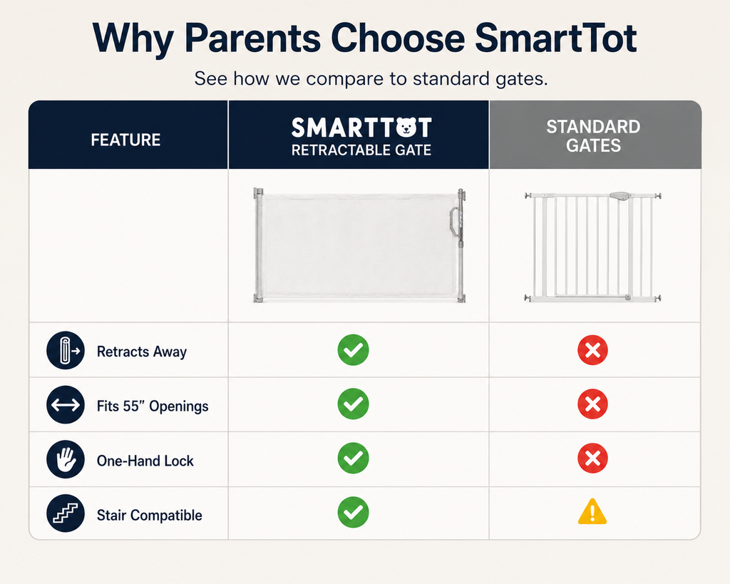 SmartTot Retractable Baby Gate — Extends to 55 Inches, Climb-Proof Mesh