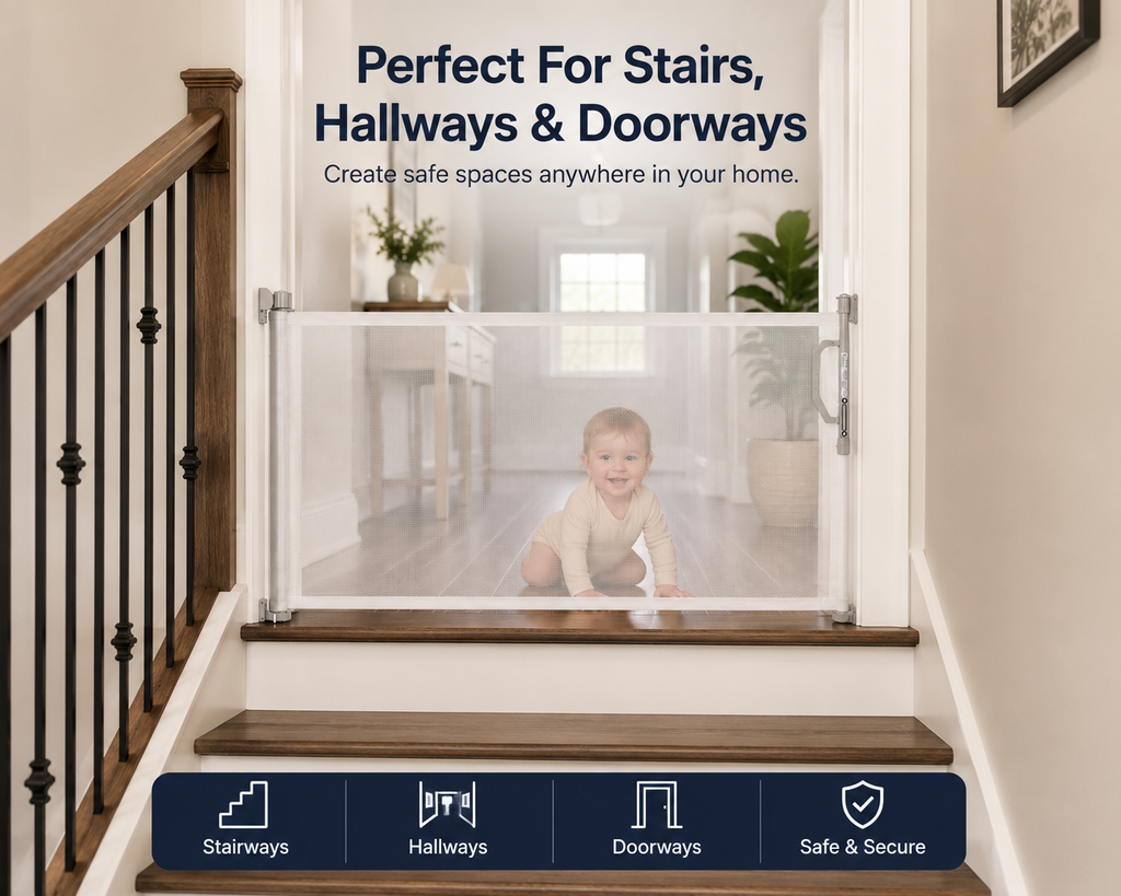 SmartTot Retractable Baby Gate — Extends to 55 Inches, Climb-Proof Mesh