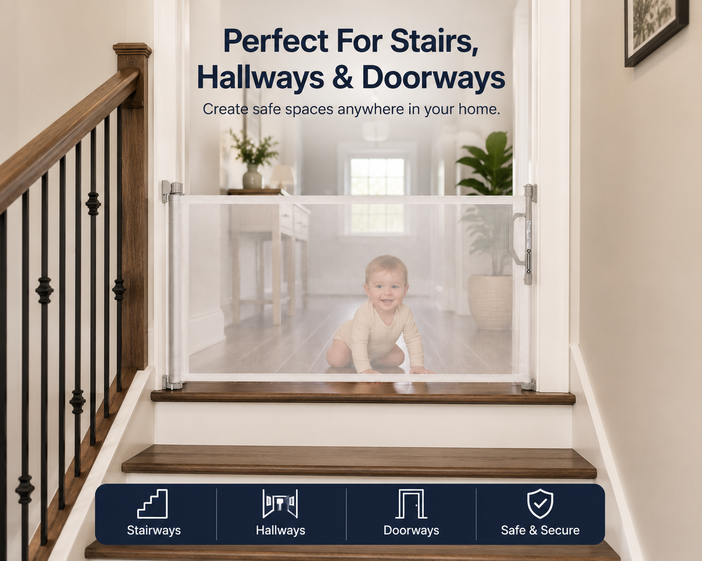 SmartTot Retractable Baby Gate — Extends to 55 Inches, Climb-Proof Mesh