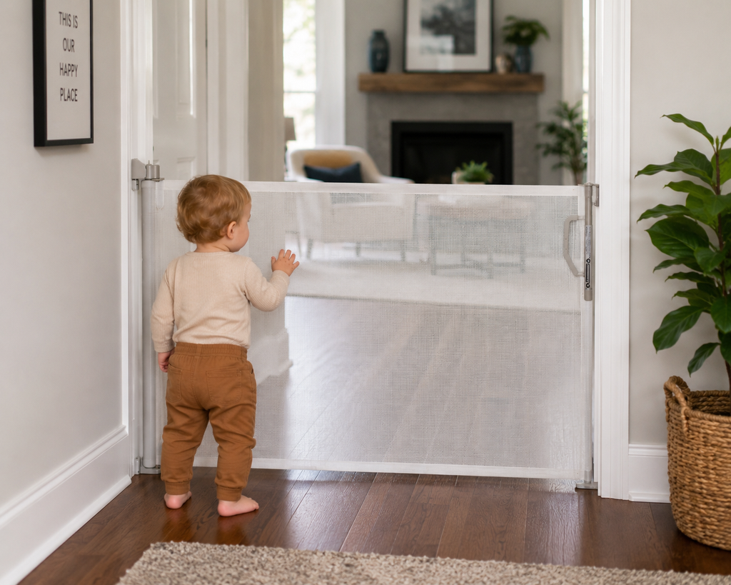 SmartTot Retractable Baby Gate — Extends to 55 Inches, Climb-Proof Mesh